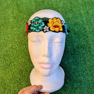Vintage Red/Green/Yellow/Blue Floral Embroidered Sewn Boho Elastic Headband OSFM